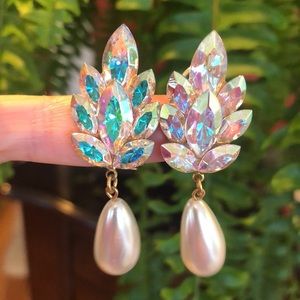 Vintage Crystal Cluster Baroque Pearl dangle earrings